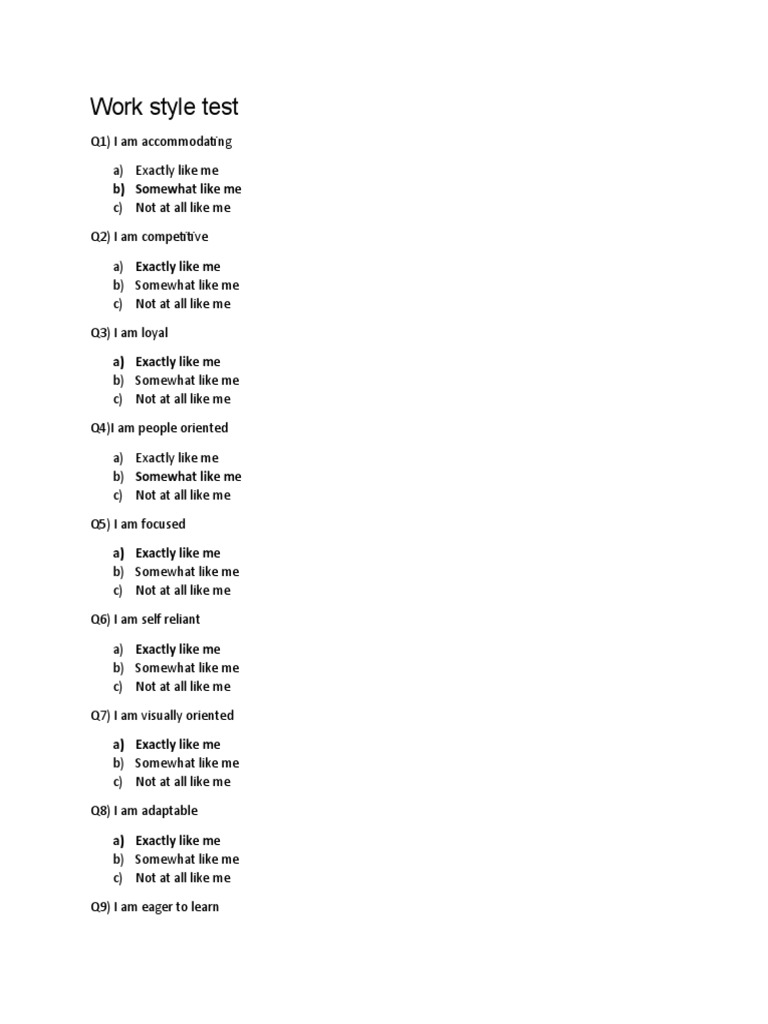 Work Style Assessment Questionnaire | PDF