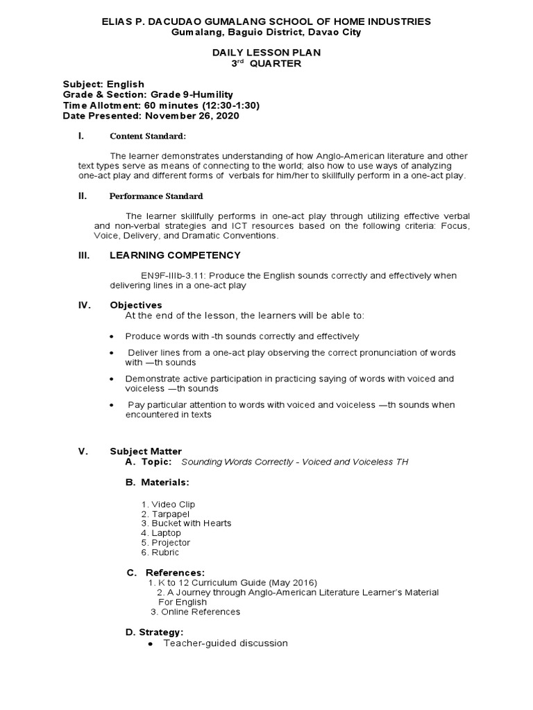 Grade 9 English Lesson Plan: TH Sounds | PDF | Characters In Romeo And ...