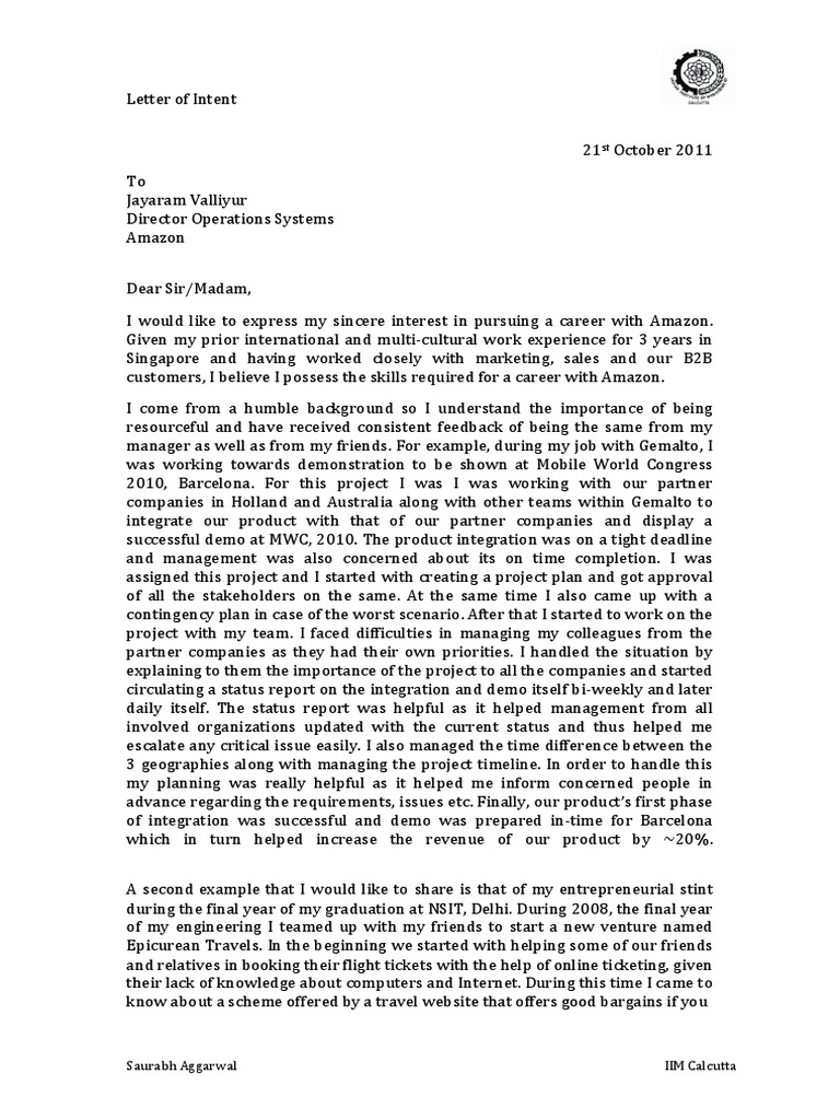 Letter of Intent for Amazon Career | PDF | Communication | Business