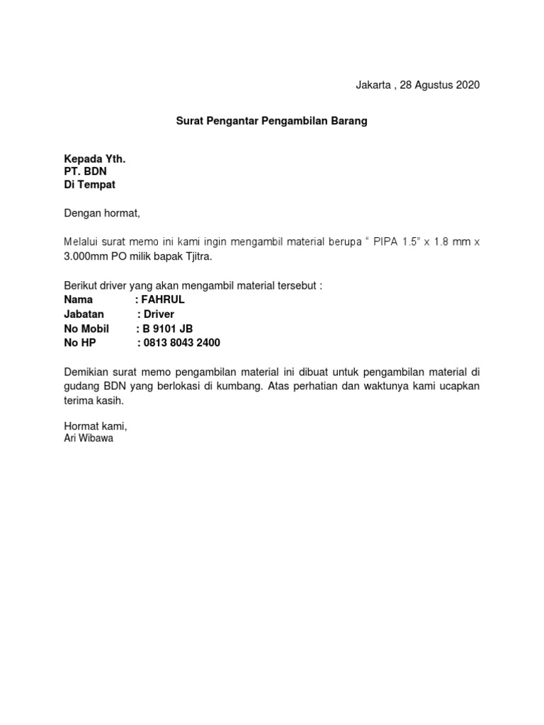 Memo Pengambilan Material Pipa 3m Pdf