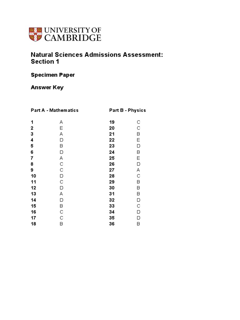 NSAA Specimen Paper Answer Key | PDF