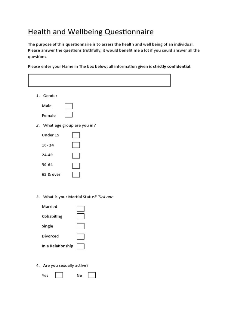 Health and Wellbeing Questionnaire: 1. Gender | PDF | Health Sciences