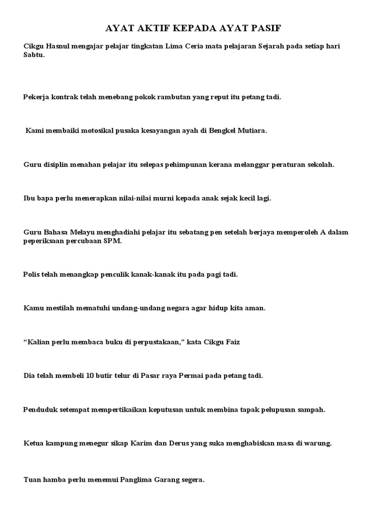 Ayat Aktif Kepada Ayat Pasif Pdf