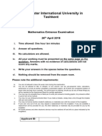 Westminster International University in Tashkent: Mathematics Entrance Examination 26 April 2018