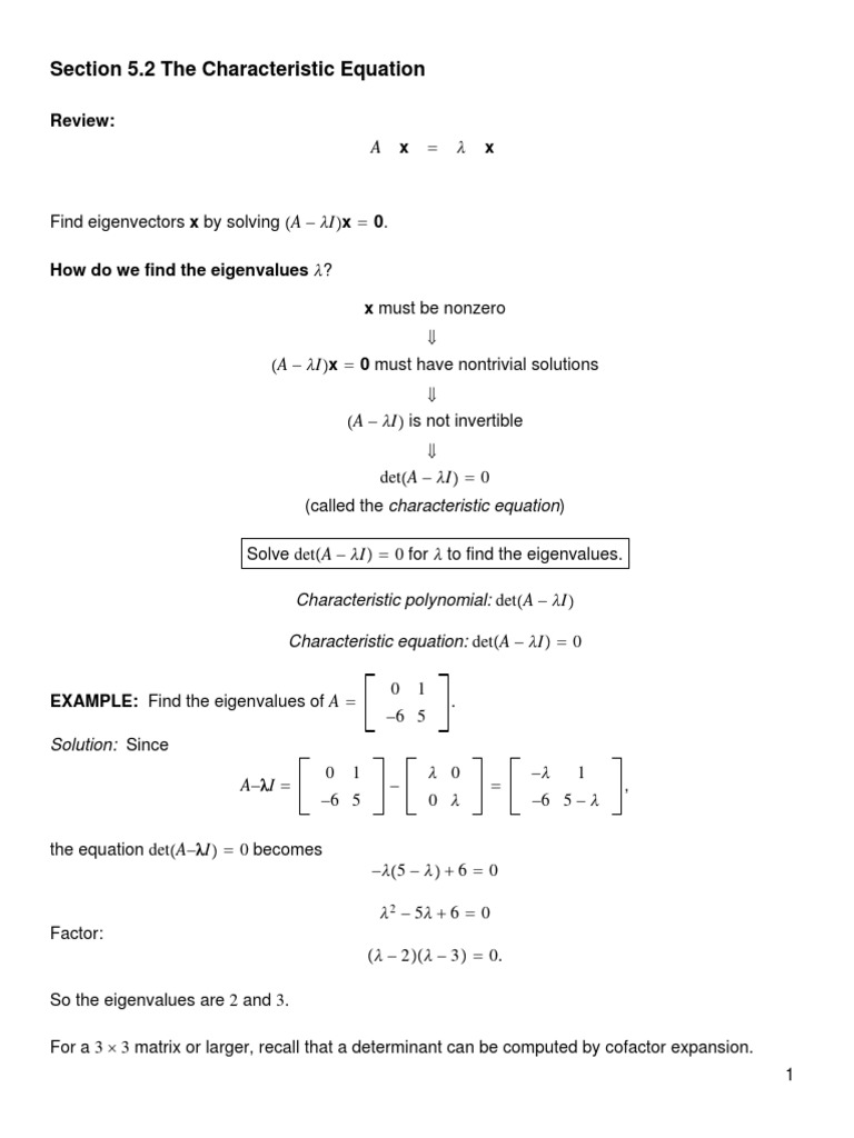 Section 5.2 The Characteristic Equation: Review: X X | PDF ...