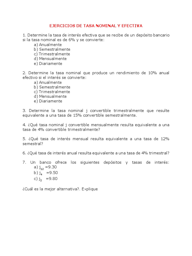 Ejercicios de Tasa Nominal y Efectiva | PDF