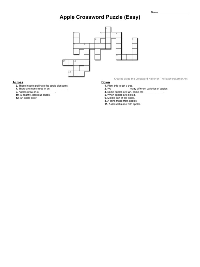 Apple Crossword Puzzle for Kids PDF