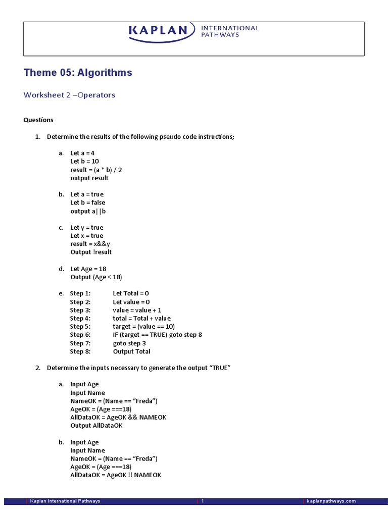5.2.2 Algorithms Worksheet 2 Operators Student | PDF | Algorithms ...