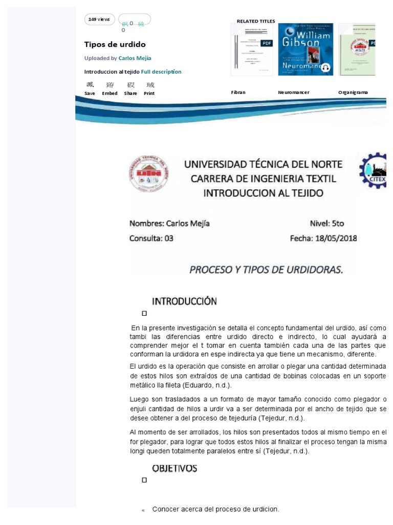 Proceso y Tipos de Urdido Textil | PDF | Textiles | Materiales
