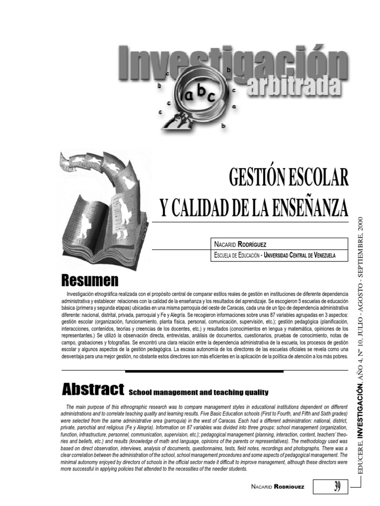 Gestión Escolar y Calidad Educativa | PDF | Educación de la primera ...