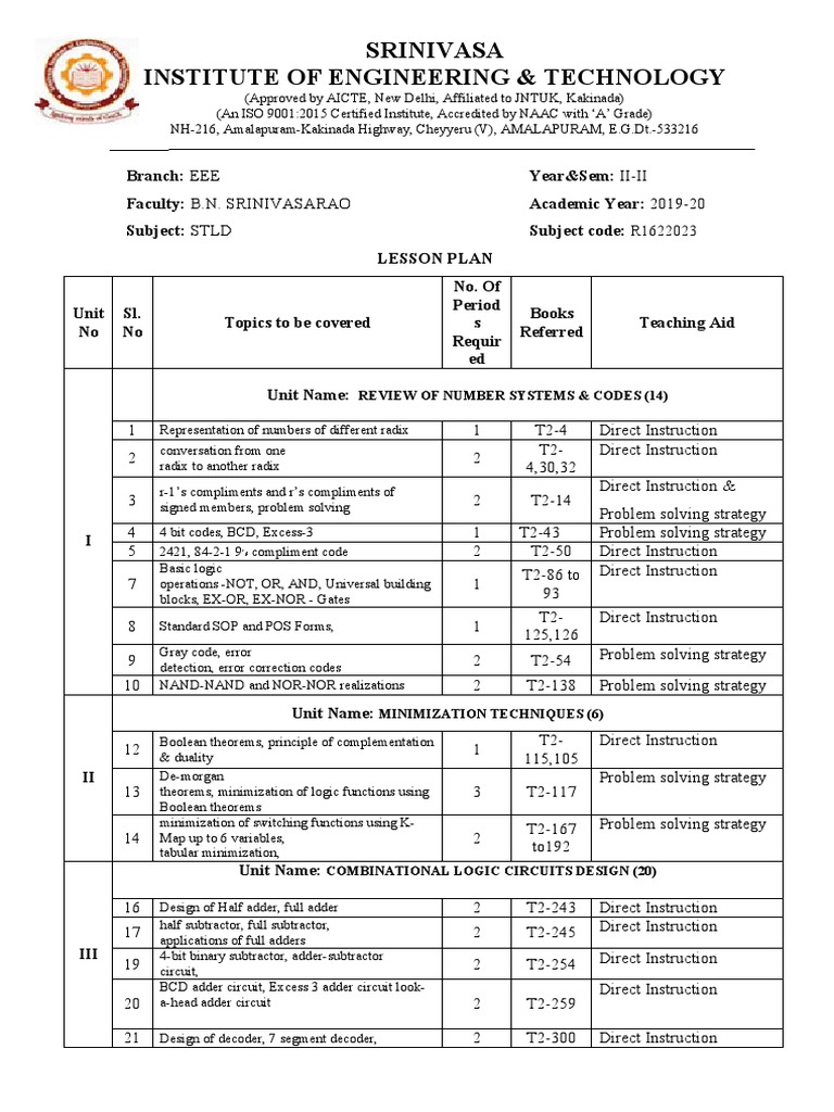 STLD Lesson Plan for EEE Students | PDF | Electronic Circuits ...