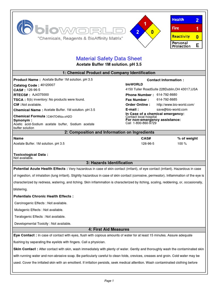 Material Safety Data Sheet Acetate Buffer 1M Solution. PH 3.5 1 Chemical Product and Company