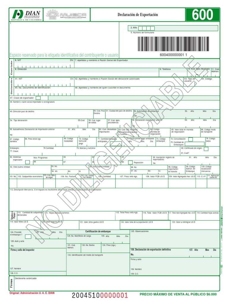 Formulario Declaracion De Exportacion Pdf Pdf Exportaciones Aduana