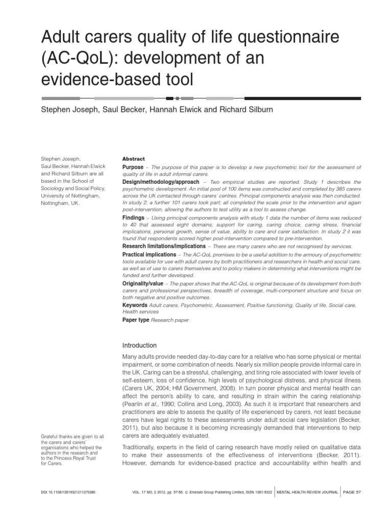 Adult Carer Quality of Life Questionnaire (AC-QoL) | PDF | Caregiver ...