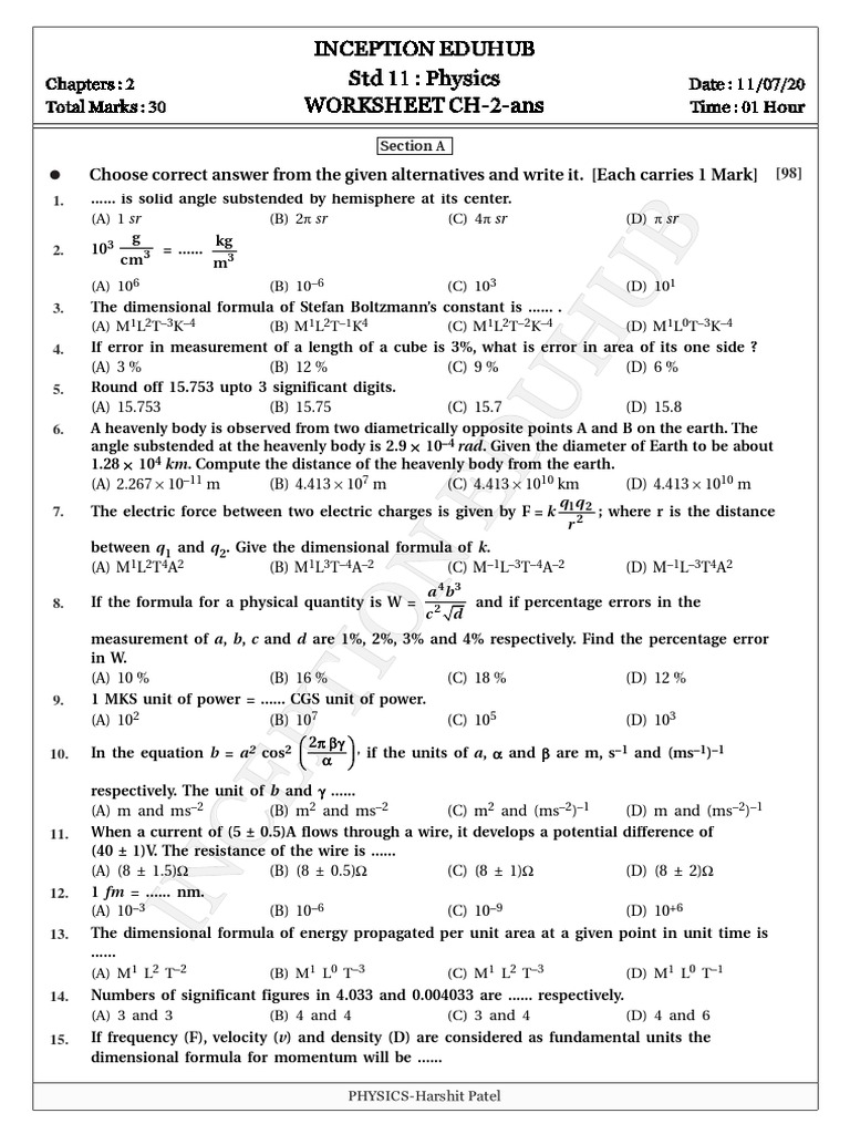 Worksheetch 2 Ans D11 Jul Significant Figures Angular Momentum
