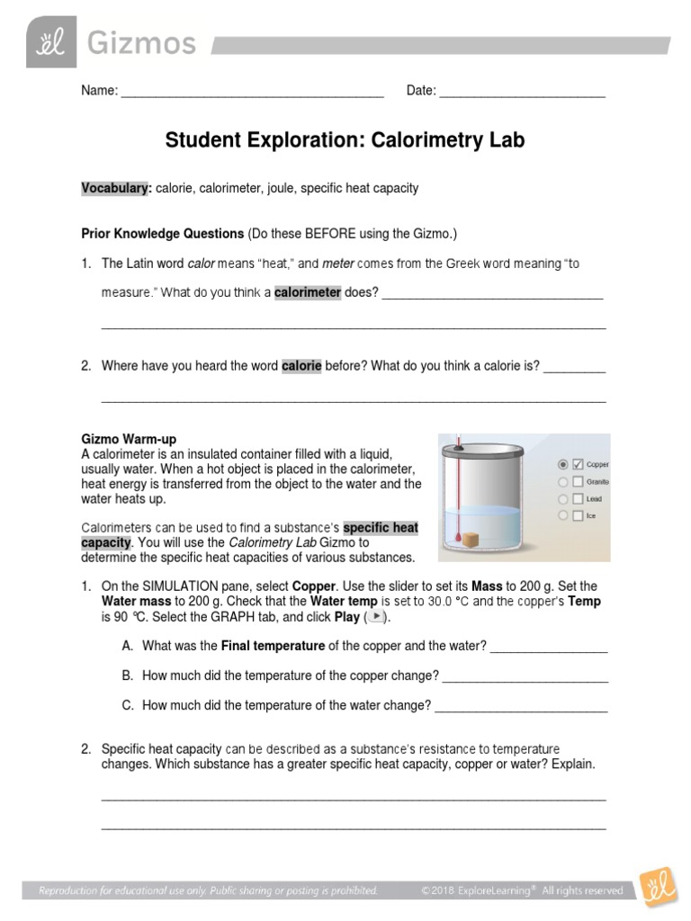 Student Exploration: Calorimetry Lab: Vocabulary: Calorie, Calorimeter ...