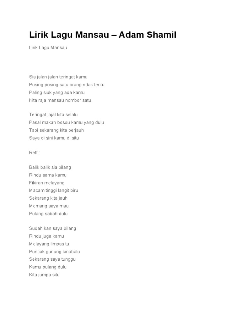 Lirik Lagu Mansau Adam Shamil Docx