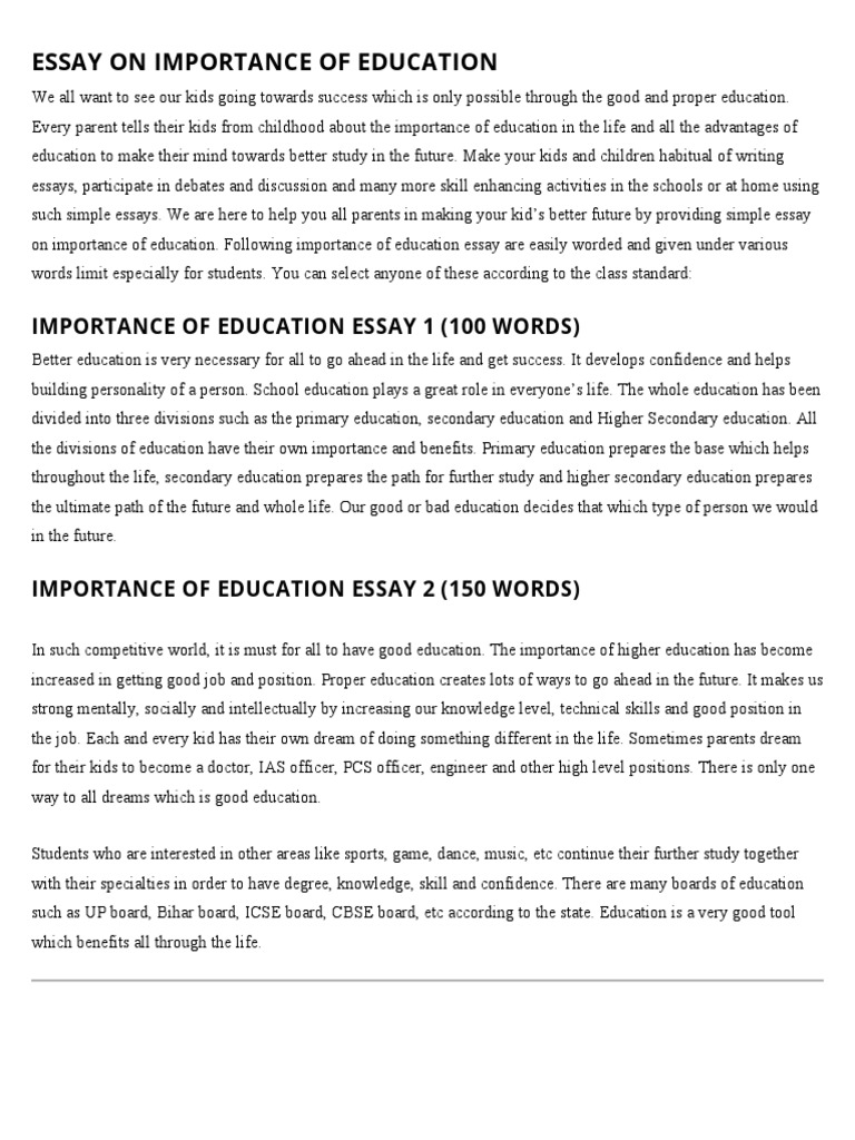 Importance of Education Essay 1 (100 Words) | PDF | Thought | Mind