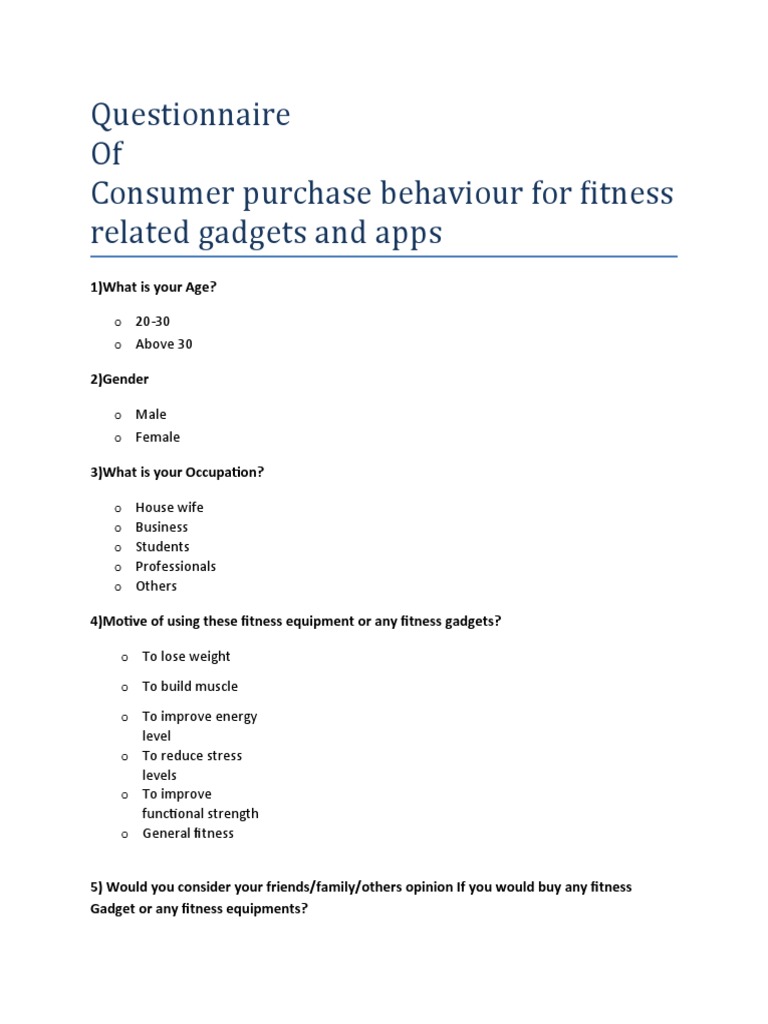 Questionnaire of Consumer Purchase Behaviour For Fitness Related ...