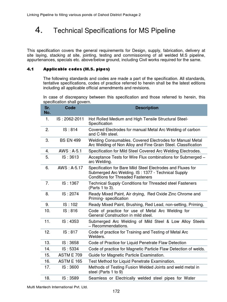 Technical Specifications For MS Pipeline 4.1 Applicable Codes (M.S