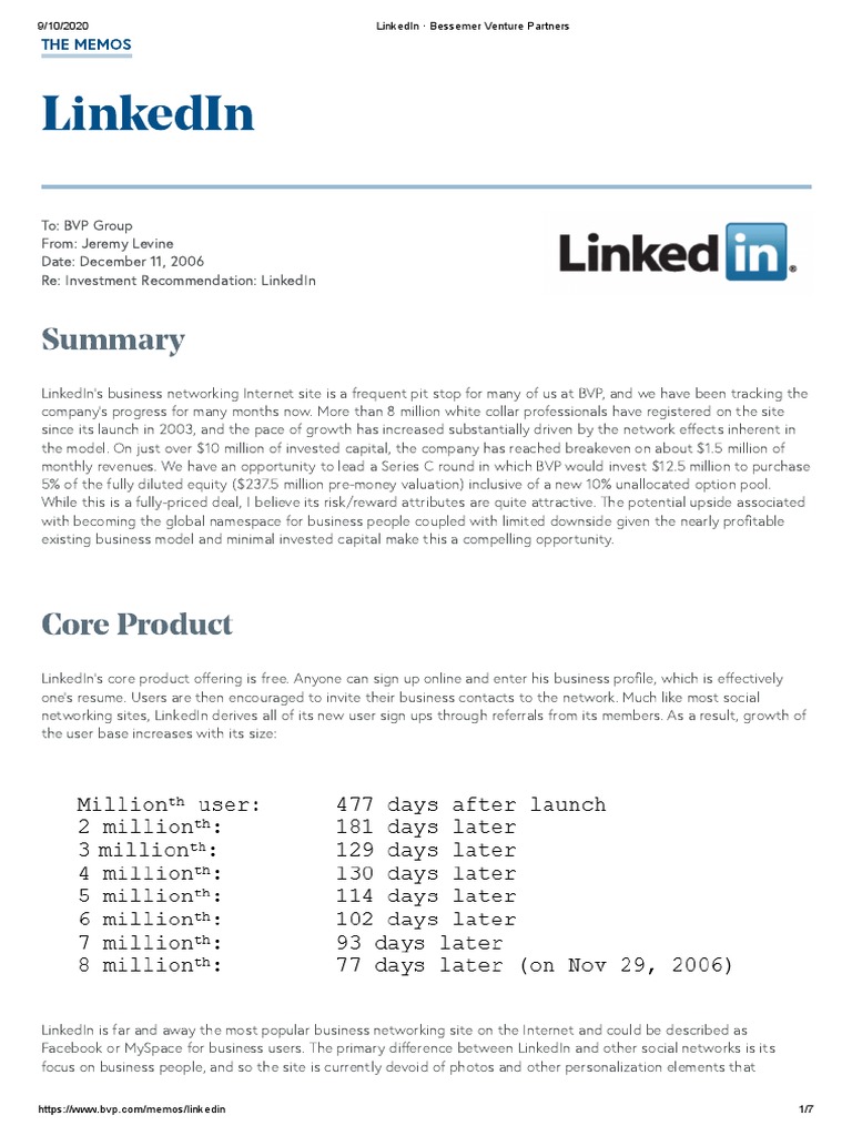 LinkedIn Bessemer Venture Partners PDF | PDF | Linked In | Subscription  Business Model