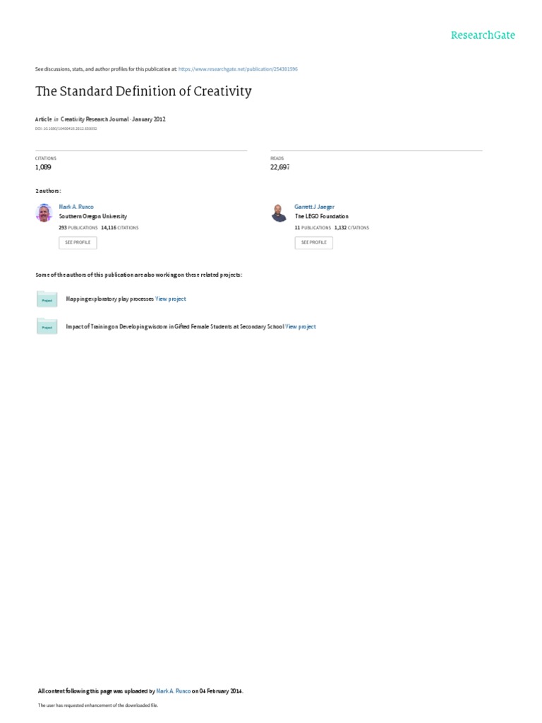 The Standard Definition of Creativity Creativity Research Journal