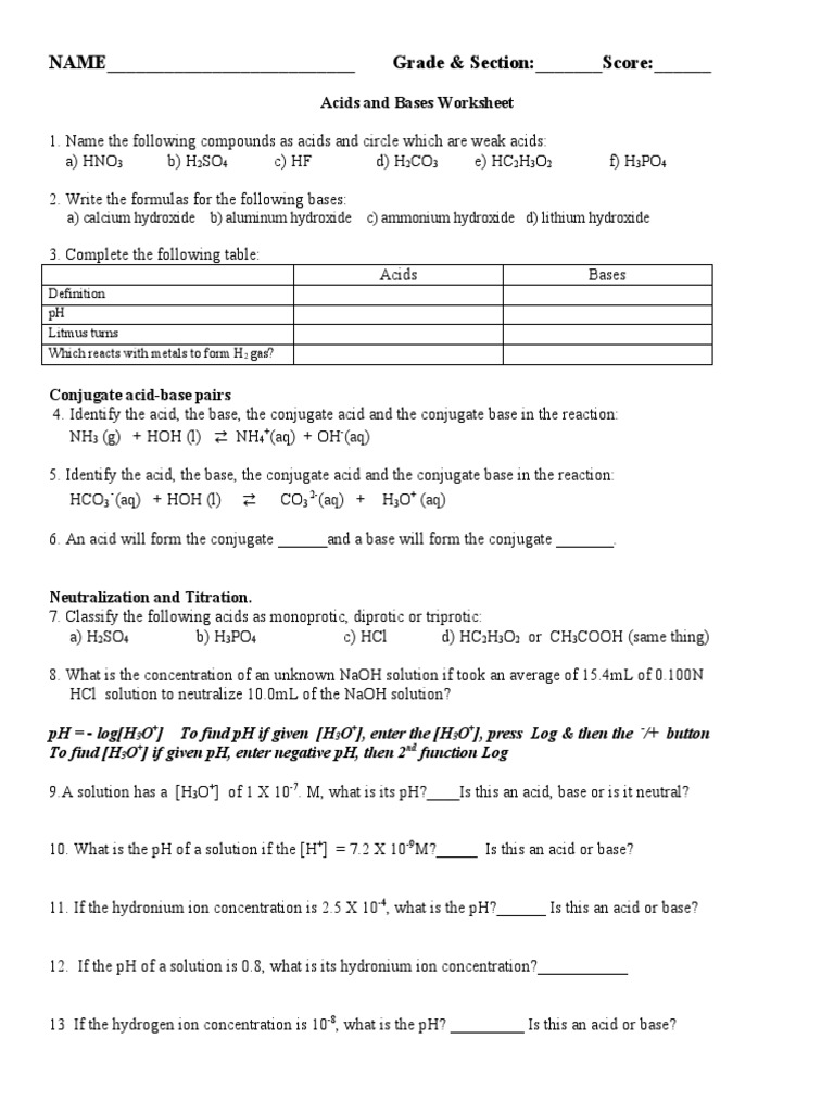 Acids and Bases Worksheet for Students | PDF | Acid | Ph