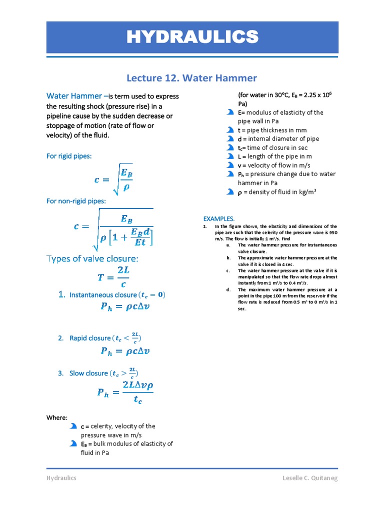 Water Hammer Analysis and Calculations | PDF | Gas Technologies ...