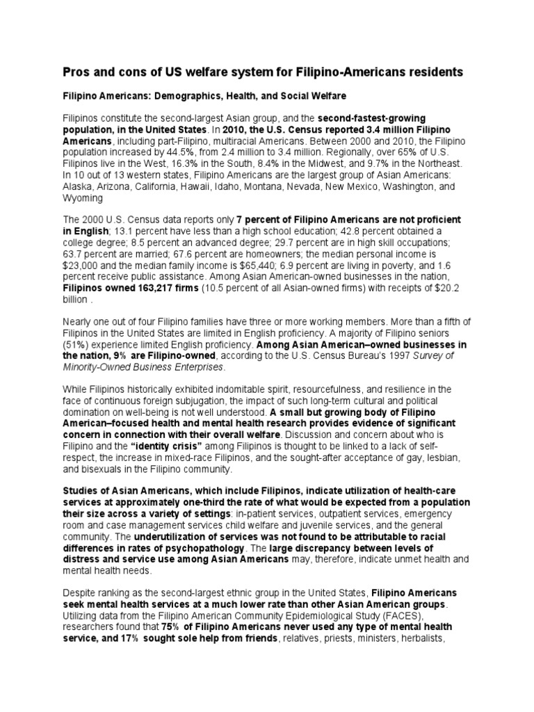 Pros and Cons of US Welfare System For FilipinoAmericans Residents
