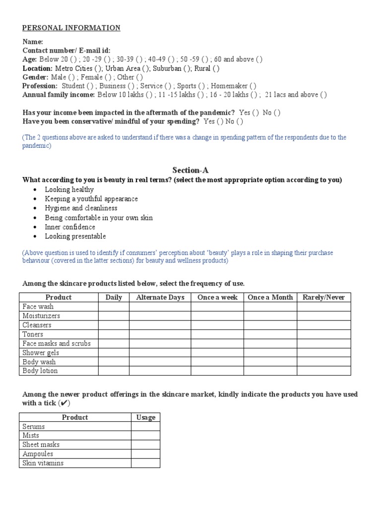 Survey Questionnaire PDF Hair Care Dietary Supplements