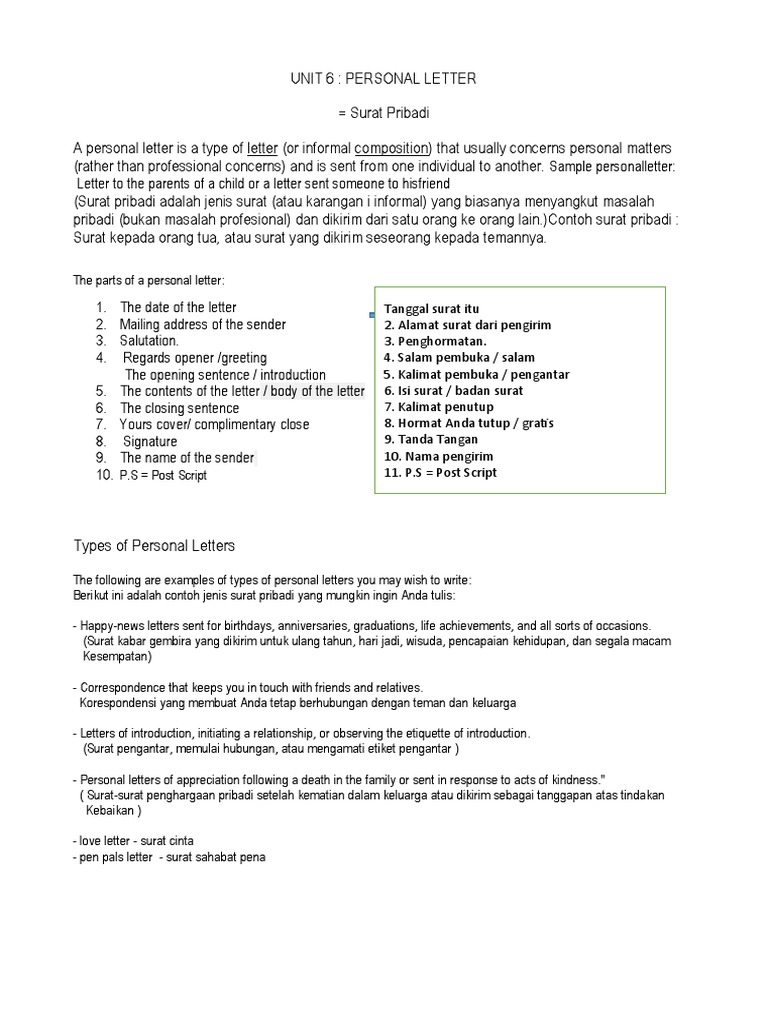 Unit 6. Personal Letter | PDF