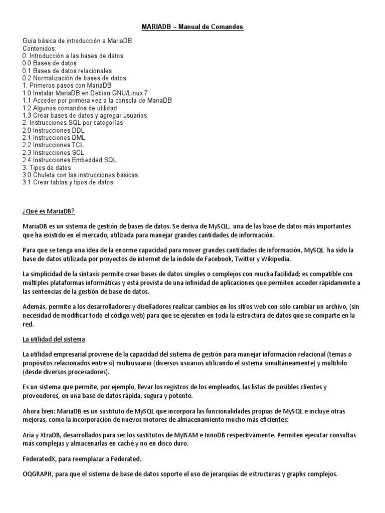 Manual de Comandos de MariaDB | PDF | Datos de computadora | Gestión de ...