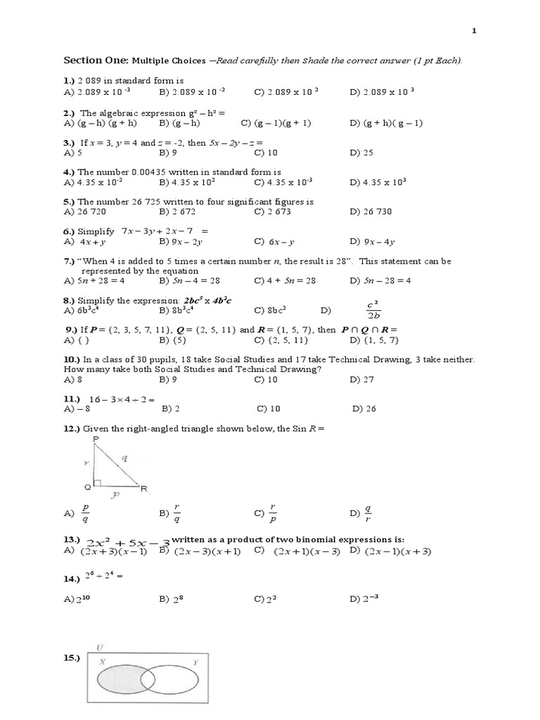 Math Multiple Choice and True/False Quiz | PDF | Quadratic Equation ...