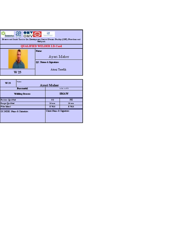Welder Id Card Format