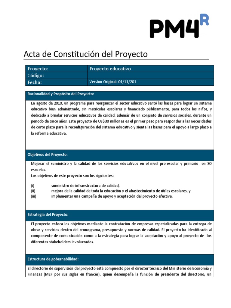 Acta de Constitucion Del Proyecto Ejemplo 2 - 0 | PDF | Economias ...