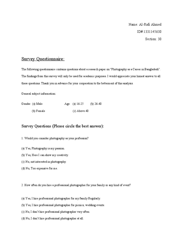 Survey Questionnaire:: Survey Questions (Please Circle The Best Answer ...