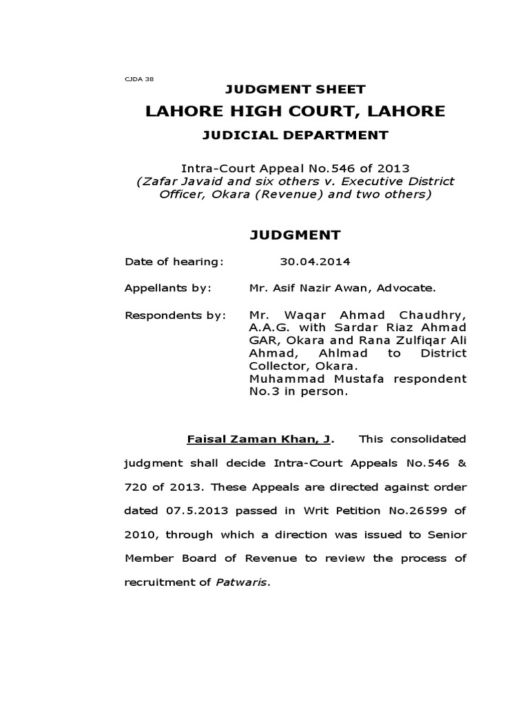 Lahore High Court, Lahore: Judgment Sheet | PDF | Judgment (Law ...