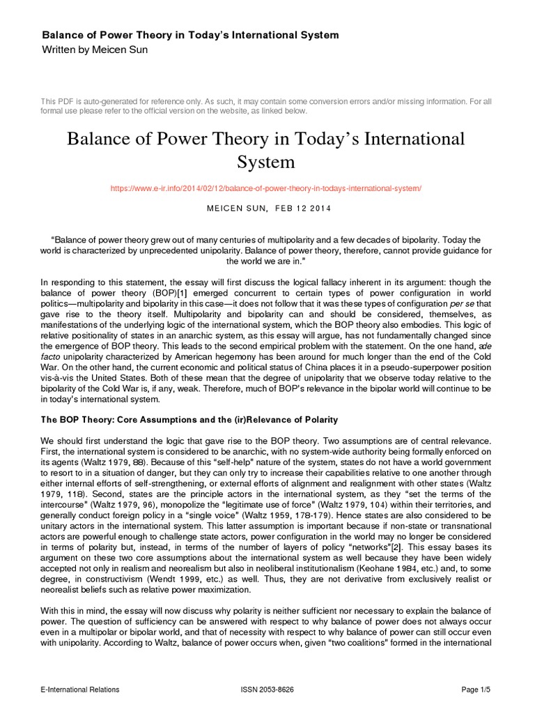 Balance of Power Theory in Today's International System: Written by ...