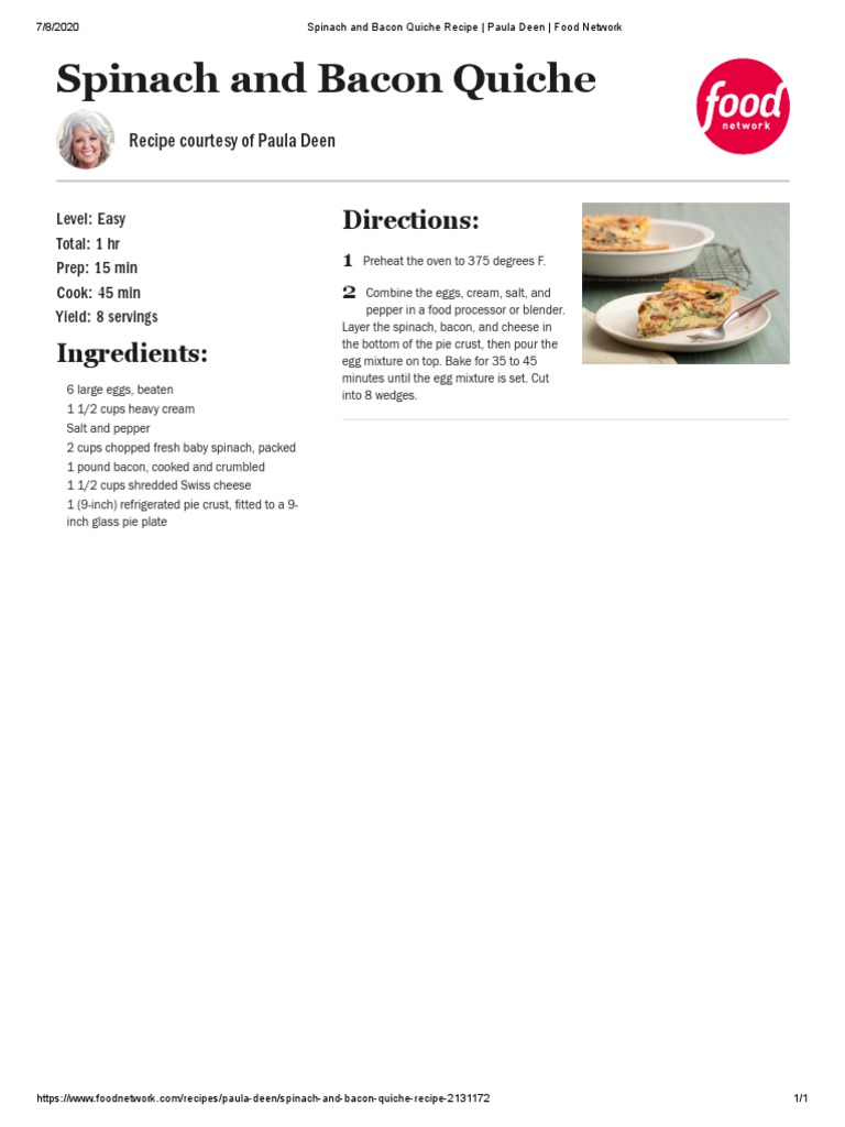 Spinach and Bacon Quiche Recipe Paula Deen Food Network PDF