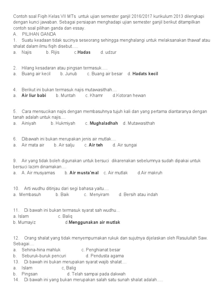 Contoh Soal Fiqih Kelas Vii Mts