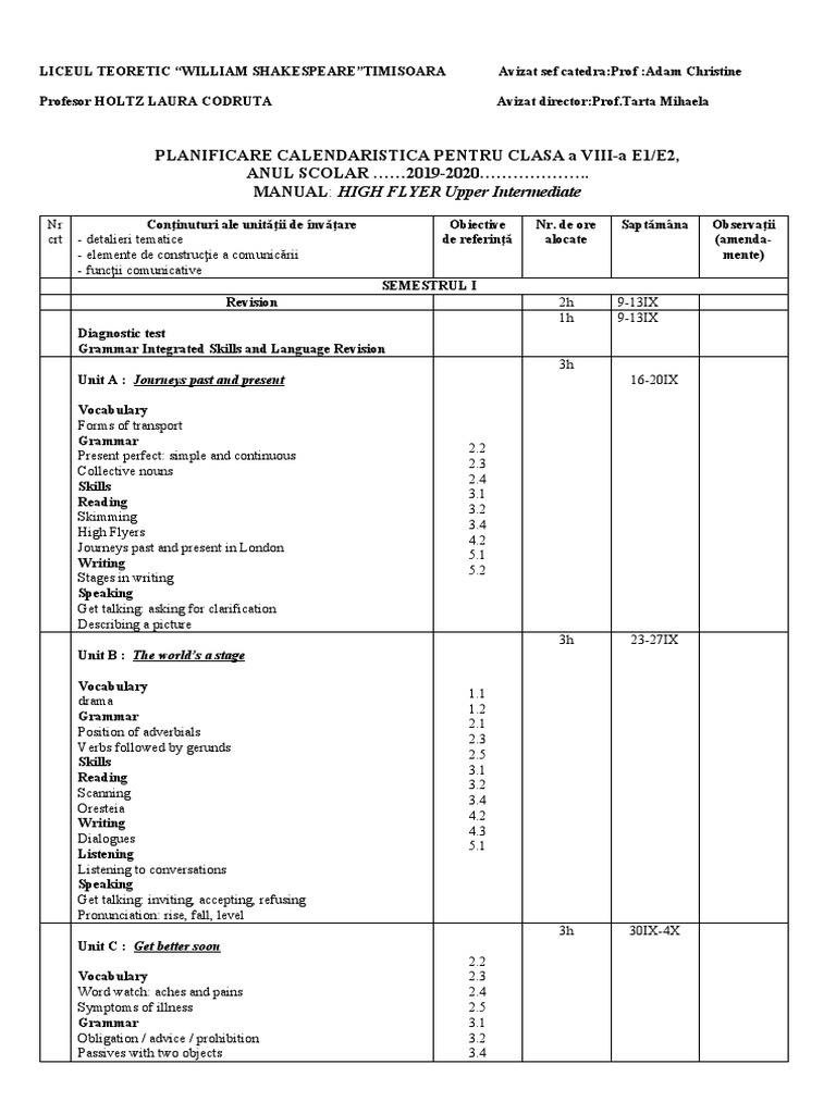 Calendar Plan for 8th Grade English | PDF | English Language | Verb