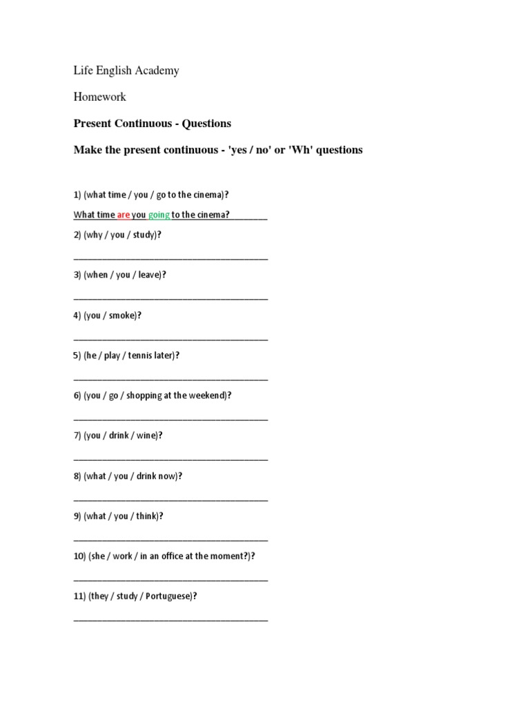 Present Continuous Question Exercises | PDF
