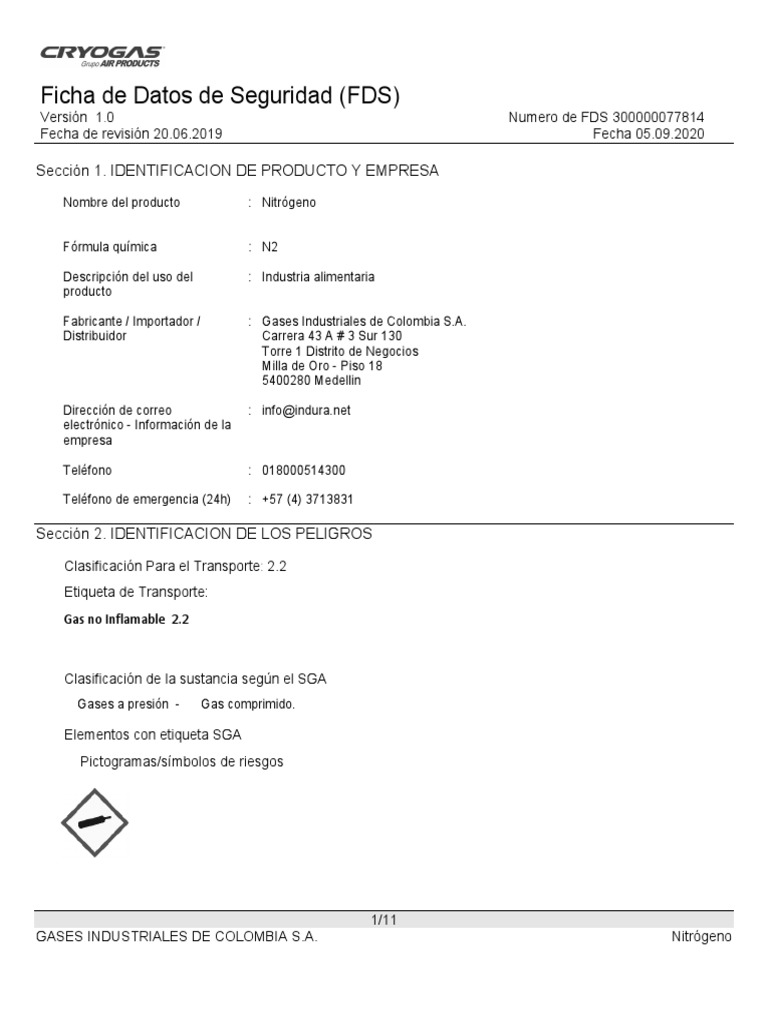Ficha de Seguridad del Nitrógeno Comprimido | PDF | Oxígeno | Gases