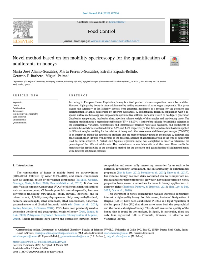 10 1016@j Foodcont 2020 107236 PDF | PDF | Chemometrics | Honey