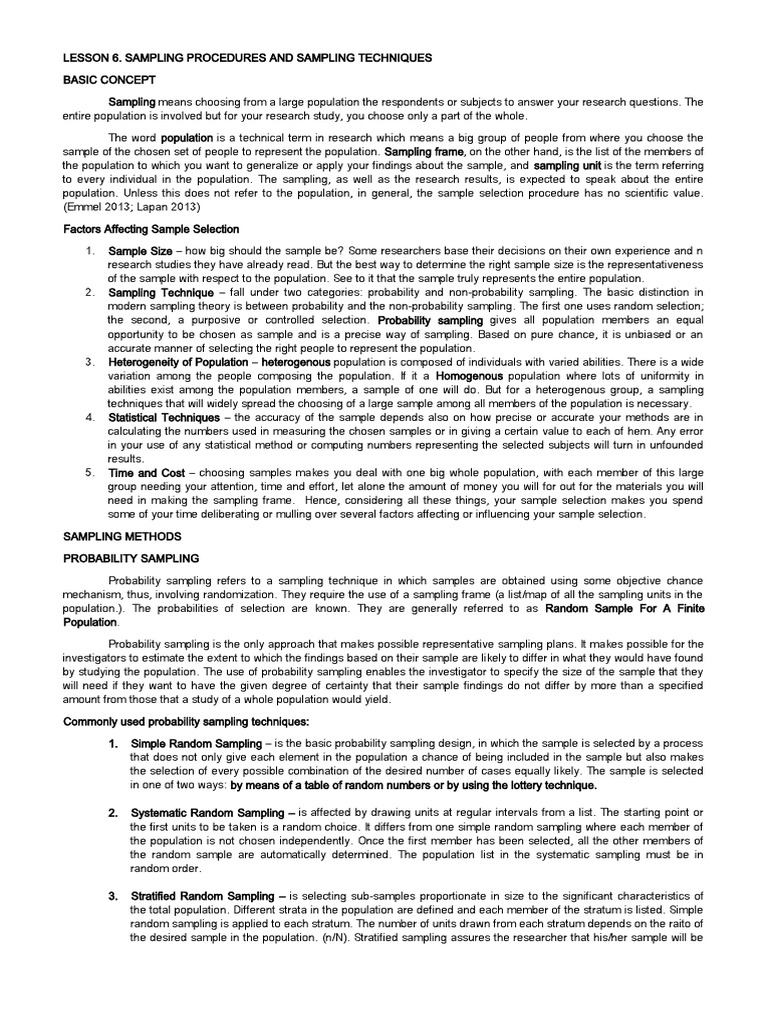 LESSON 6. Sampling Techniques | PDF | Sampling (Statistics) | Validity ...