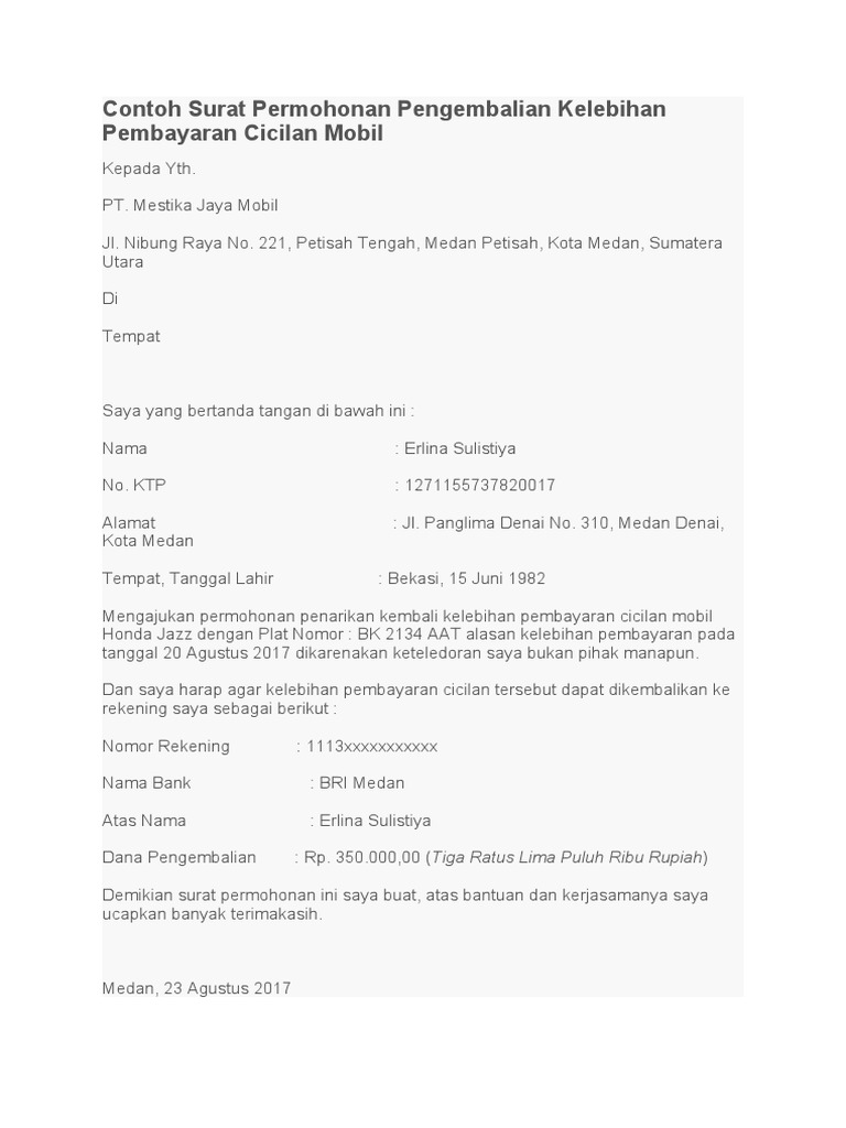 Contoh Surat Permohonan Pengembalian Kelebihan Pembayaran Cicilan Mobil Pdf