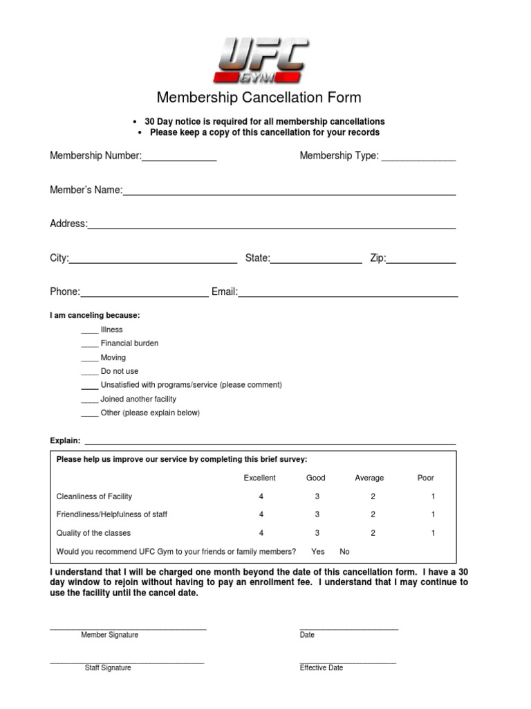 Cancellation Form UFC Gym PDF