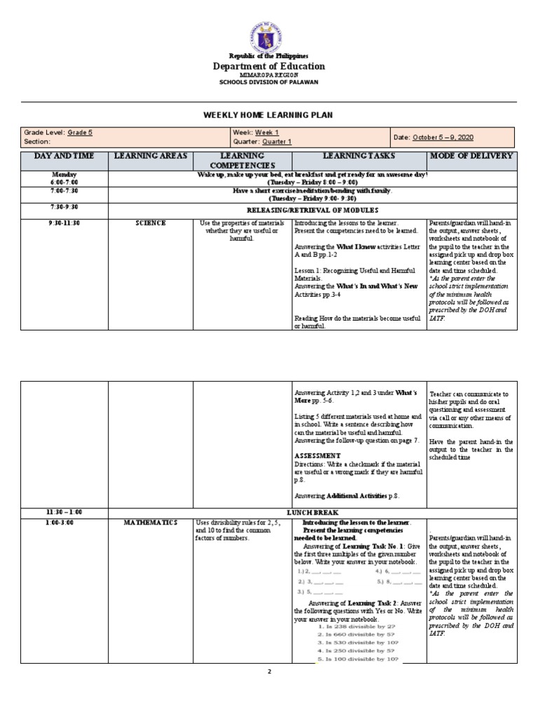 Weekly-Grade 5 Week 1-8 | PDF | Worksheet | Teachers