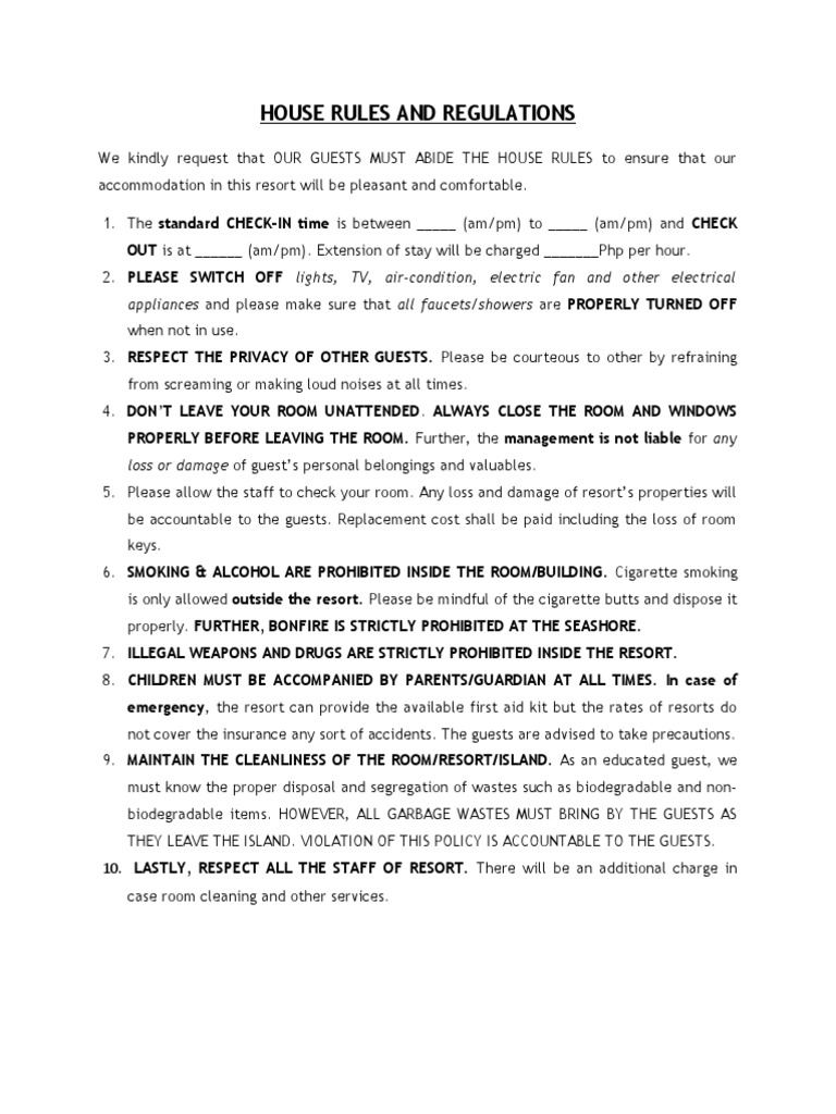Resort House Rules and Regulations | PDF | Cooking, Food & Wine