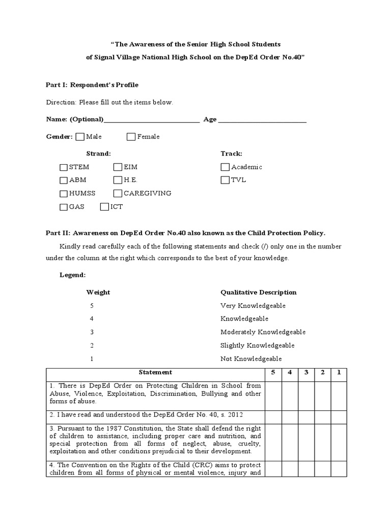 Survey Questionnaire For Deped Child Protection Policy Revised PDF